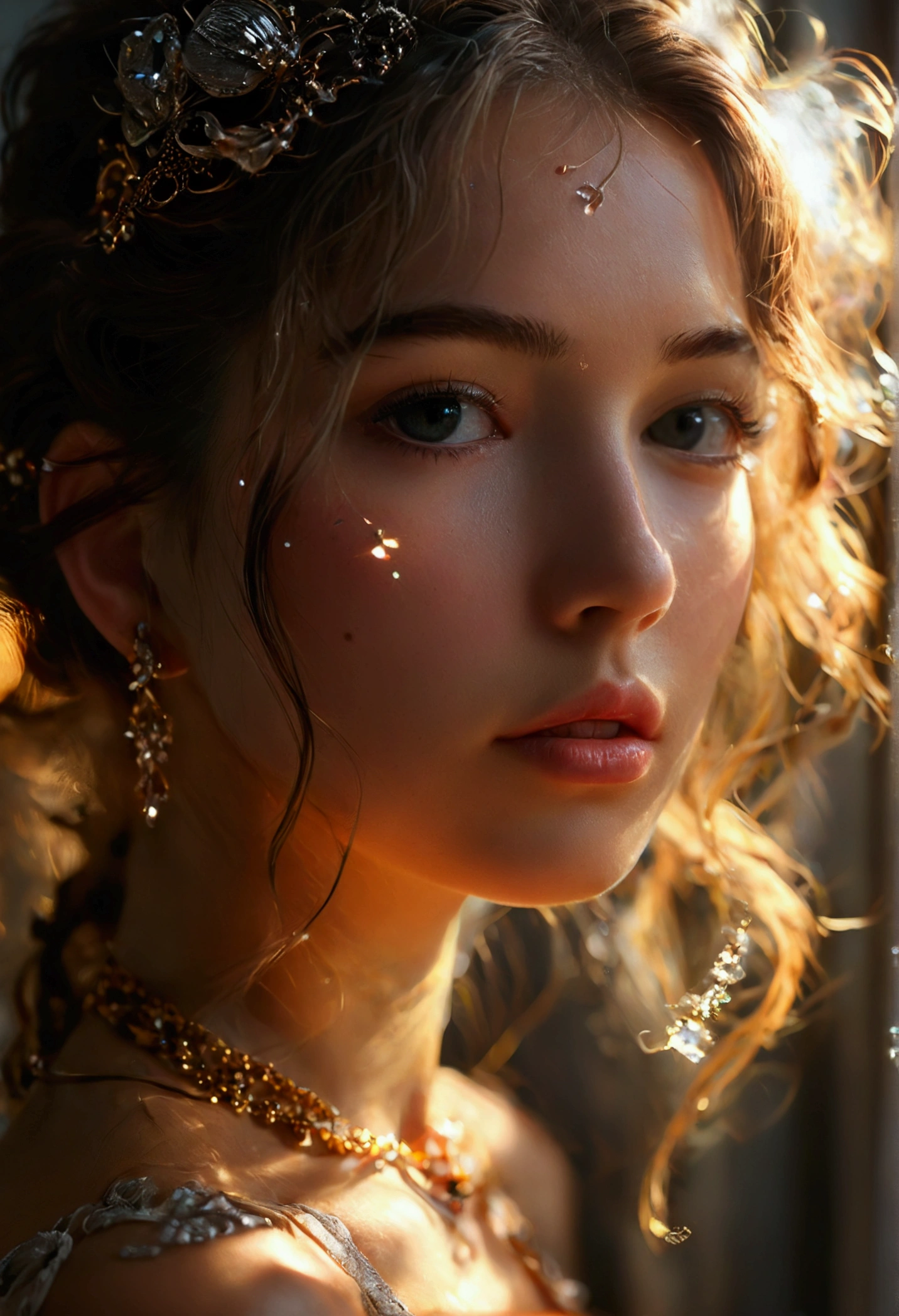 best quality, masterpiece, high_res, 1girl, hair ornament, necklace, jewelry, Beautiful face, upon body, tyndall effect, photo realistic, dark studio, rim lighting, two tone lighting, (high detailed skin:1.2), 8k uhd, dslr, soft lighting, high quality, volumetric lighting, candid, Photograph, high resolution, 4k, 8k, Bokeh, medium breasts, open fingers,