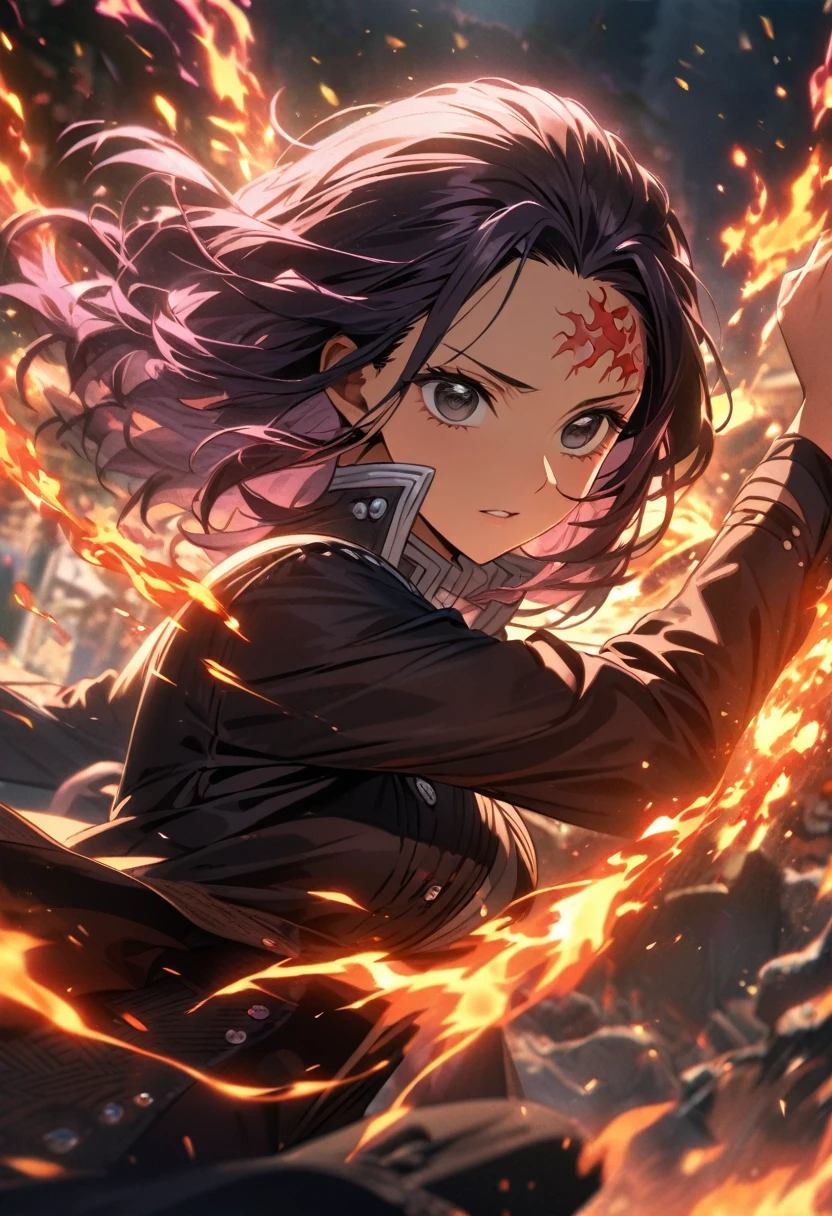 Symetrical,absurdres, highres, ultra detailed, HDR, masterpiece, extremely detailed face and eyes, nico robin, Kimetsu no yaiba,,violet hair , , solo, women, handsome,Mark on forehead ,, , Epic fight scene,fire red lightning effect, glowing glitters, , flames effect, flaming aura effect,black eyes, flower splashing, surrounded by flower energy,