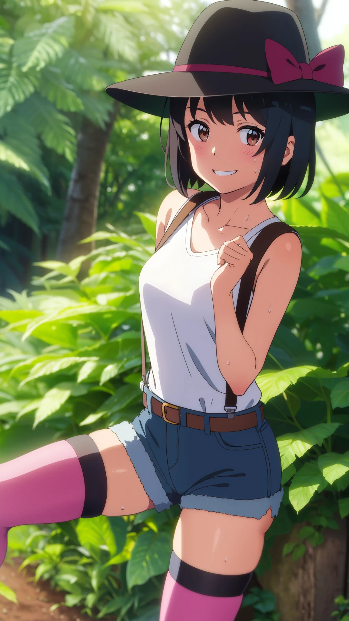 shinkai makoto, kimi no na wa., 1girl, bangs, black hair, blush, brown eyes, perfect face, looking at the viewer, bonnie hat, black suspenders, white t-shirt, bare shoulders, garterbelt, sight, blue shorts, belt, short hair, solo, shinny skin, smile, cute, grin, black thighhighs, Rainforest background, in the forest, sweat, (masterpiece), best quality