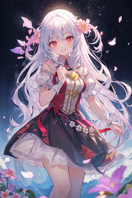 A beautiful young girl with long, shiny silver hair, gradients in her hair, red eyes that sparkle and shine, showing her teeth in a big, bright smile, flowers in her hair, backlit with a glowing, gradient effect, anime-style illustration, high resolution, detailed, photorealistic