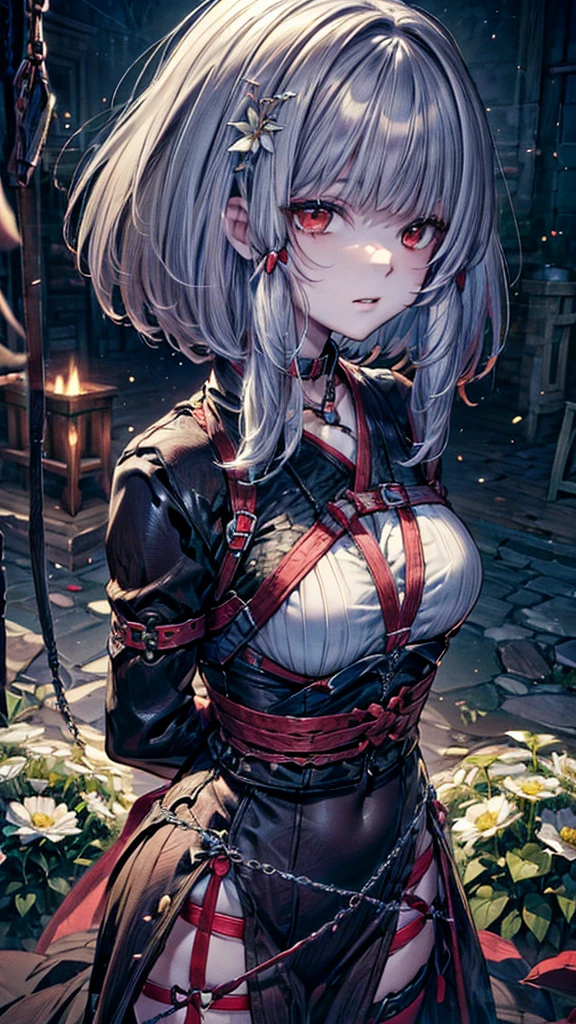 masterpiece, One Girl, White Chrysanthemum(fatal frame: Maiden of Black Water), Highest quality, Beautiful attention to detail, Perfect Face, Beautifully detailed face, Very detailed, Long Hair, Gray Hair, Iron Collar, Put your arms behind your back, Iron Cuffs, bondage, bound, Tight bondage outfits, Harness, Happy red cheeks, chain leash collar choker neck bell bondage wristbands bracers bracelets, 