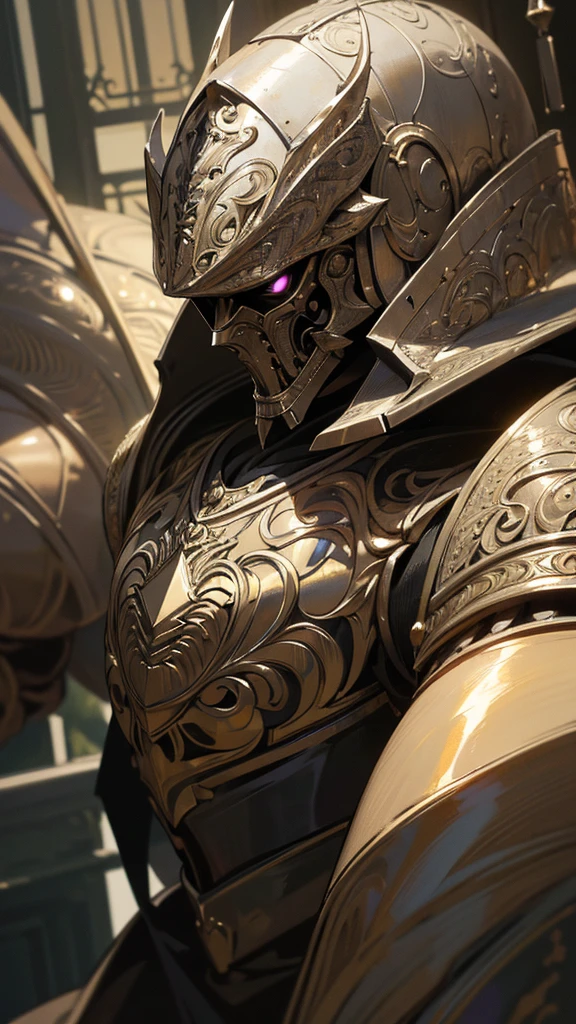 beautiful intricate armored knight insect-inspired, handsome, puppet, (best quality,4k,8k,highres,masterpiece:1.2),ultra-detailed,(realistic,photorealistic,photo-realistic:1.37),highly detailed metal armor, detailed insect-like helmet, piercing gaze, chiseled facial features, elegant pose, mechanical joints, complex machinery, glowing eyes, dramatic lighting, dark moody atmosphere, cinematic composition, intricate patterns, shiny metallic textures, baroque style