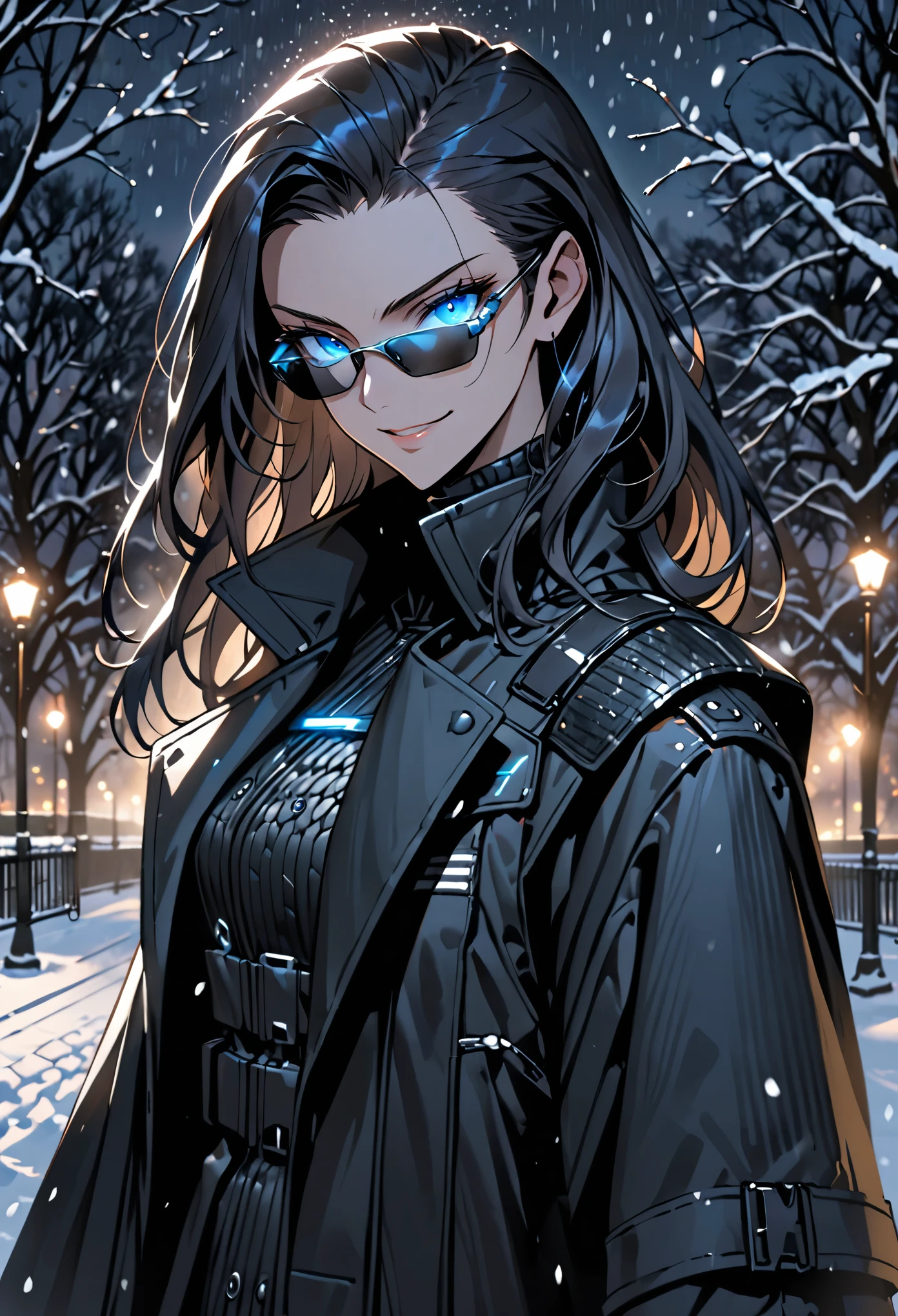 solo, female, tall, glowing blue eyes, slicked back hair, long hair, oversized black trench coat, bullet-proof vest, smirk, black gloves, snow, park, night, JC Denton, subtle circuitry pattern on sideburns, sunglasses