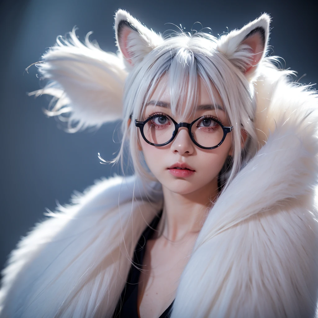 1 Girl,fox,White and blue fur,White hair,Red eyes,Gray eyebrows,Black glasses,cute