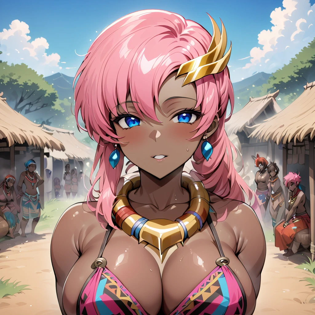 ((Highest quality)), ((masterpiece)), (detailed), (Perfect Face)、The woman is Lacus Clyne, a native African woman with dark skin, blue eyes, curly pink afro hair, a hair ornament, a colorful headscarf, tribal accessories such as tribal necklaces and tribal earrings, and wearing colorful native tribal clothing.、The woman is in a native African tribal village.