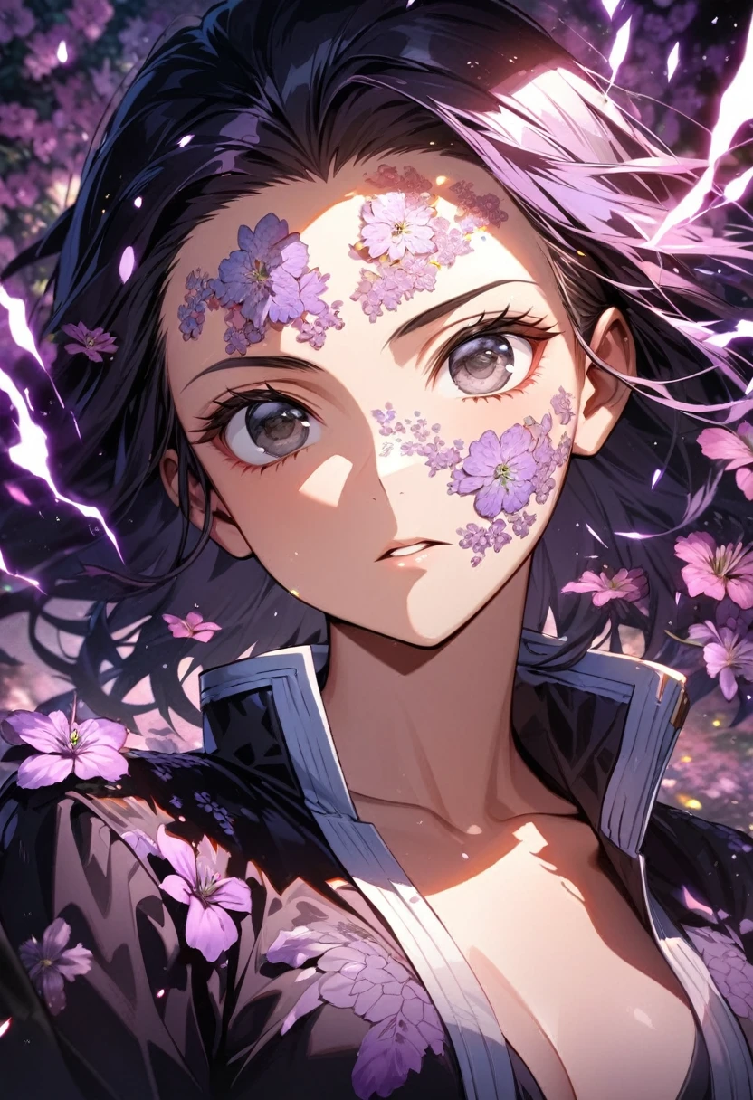 Symetrical,absurdres, highres, ultra detailed, HDR, masterpiece, extremely detailed face and eyes, nico robin, Kimetsu no yaiba,,violet hair , , solo, women, handsome,Mark on forehead ,, , Epic fight scene,flower violet lightning effect, glowing glitters, , flower effect, flower aura effect,black eyes, flower splashing, surrounded by flower energy,