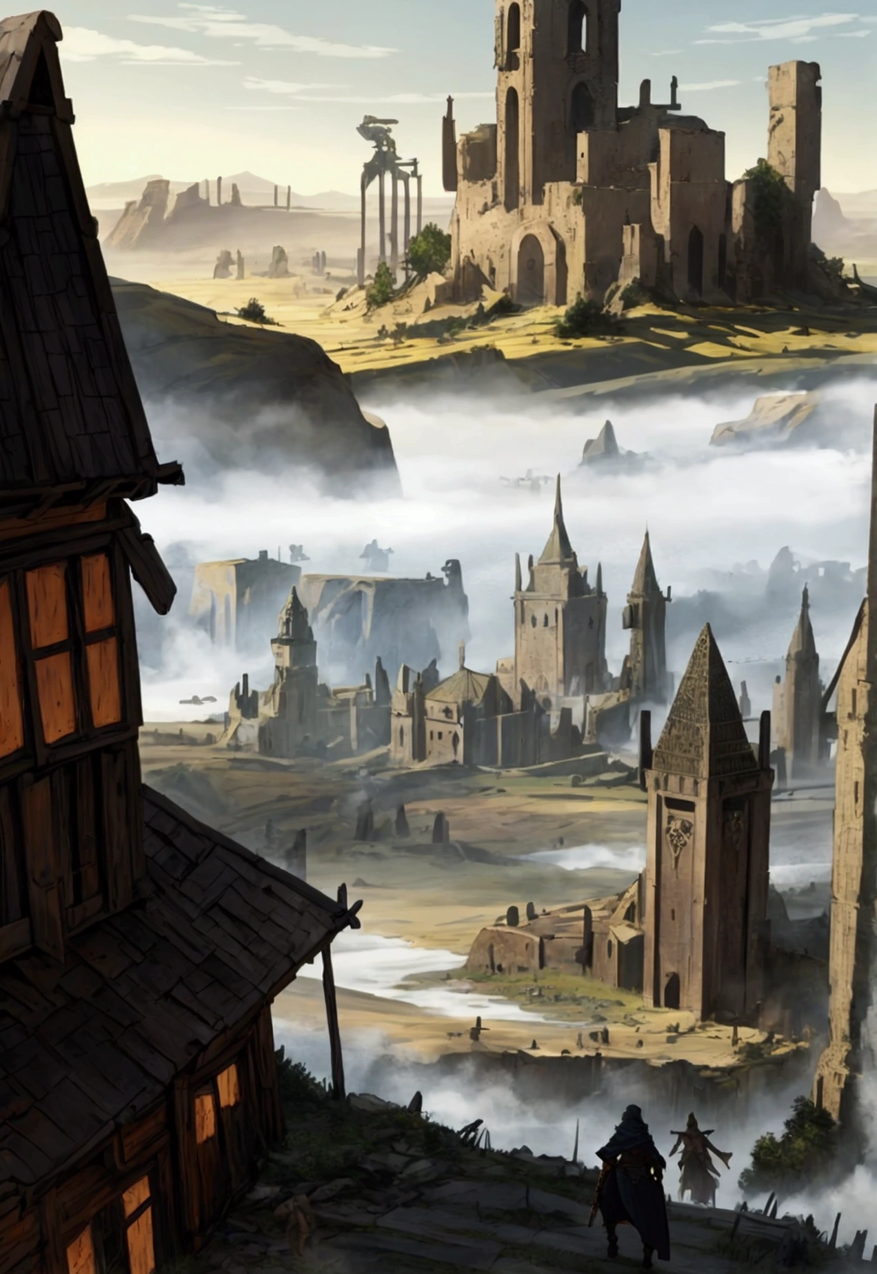landscape, a medieval landscape, post-apocalyptic, with a few instances of civilization still around. A dark mist is over the land, shining force style