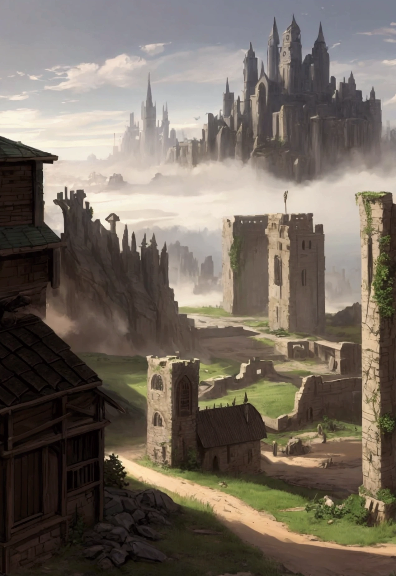 landscape, a medieval landscape, post-apocalyptic, with a few instances of civilization still around. A dark mist is over the land, shining force style