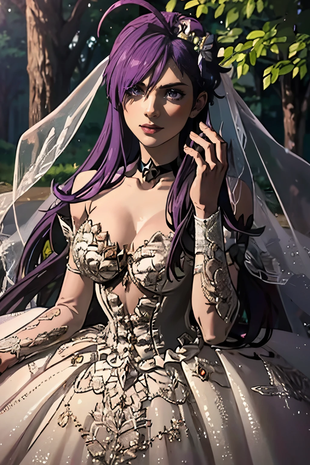 Shez FE, hair between eyes, ahoge, blonde hair, star \(symbol\), hair ornament, ruffled tulle dress, cleavage, bare shoulders, collarbone, long black elbow gloves, black gloves, black dress, black choker, strapless, tiara, veil, strapless dress, princess dress, veil, beautiful woman, perfect body, perfect breasts, wearing a princess dress, ball gown, in the park trees, wedding decorations, a warm smile, realism, masterpiece, textured skin, super detail, high detail, high quality, best quality, 1080p, 16k, purple hair