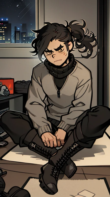 (detailed), (((normal guy))), (Arabic characteristics), ((gray wool jacket)), ((pelo negro rizado ponytail hairstyle)), ((ponytail hairstyle)), (calm face), ((by the width)), ((Brown boots)), (((whole body))), ((sitting in a gamer room)), ((male)), (gray turtleneck sweater), ((only one person)), (at night), seen in profile