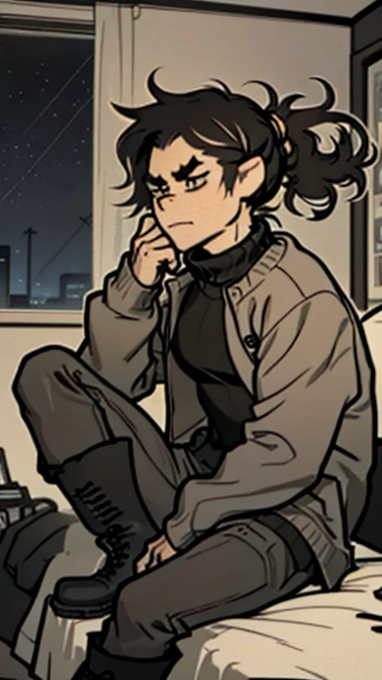 (detailed), (((normal guy))), (Arabic characteristics), ((gray wool jacket)), ((pelo negro rizado ponytail hairstyle)), ((ponytail hairstyle)), (calm face), ((by the width)), ((Brown boots)), (((whole body))), ((sitting in a gamer room)), ((male)), (gray turtleneck sweater), ((only one person)), (at night), seen in profile