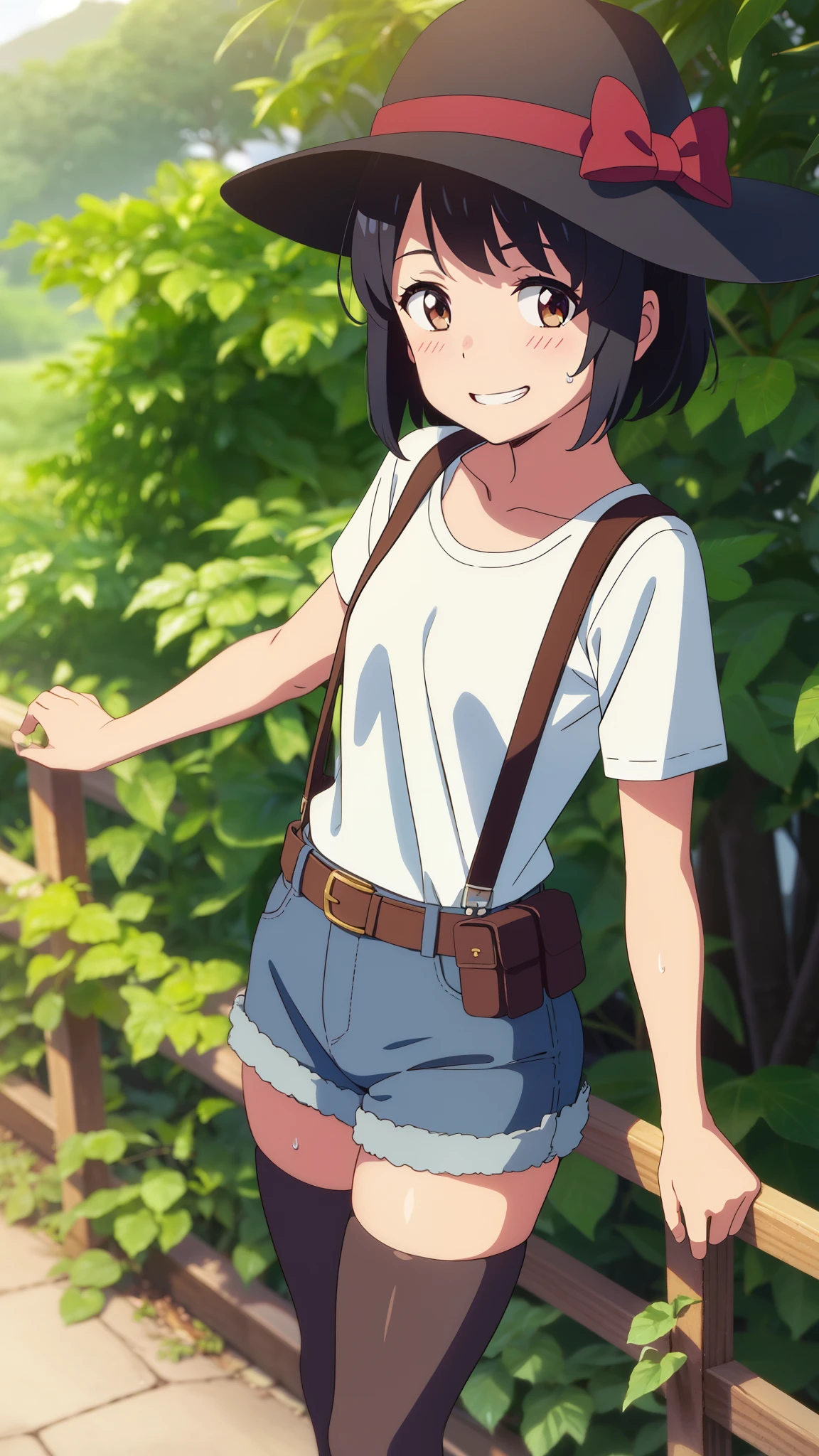 shinkai makoto, kimi no na wa., 1girl, bangs, black hair, blush, brown eyes, perfect face, looking at the viewer, bonnie hat, black suspenders, white t-shirt, bare shoulders, garterbelt, sight, blue shorts, belt, short hair, solo, shinny skin, smile, cute, grin, black thighhighs, Rainforest background, in the forest, sweat, (masterpiece), best quality