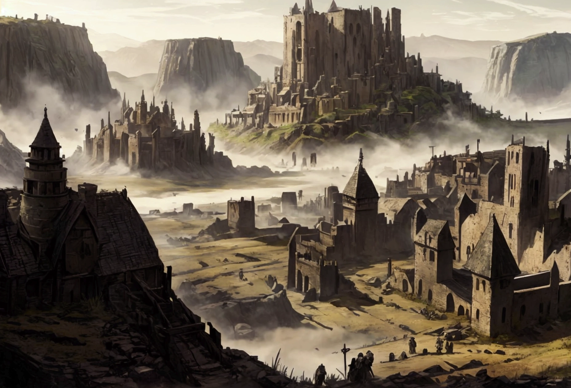 landscape, a medieval landscape, post-apocalyptic, with a few instances of civilization still around. A dark mist is over the land, shining force style