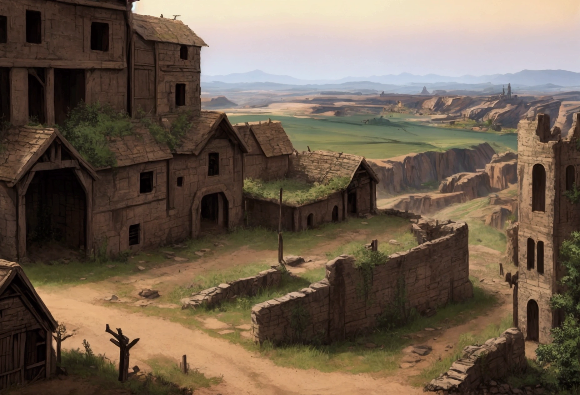 landscape, a medieval landscape, post-apocalyptic, with a few instances of civilization still around. A dark mist is over the land, shining force style