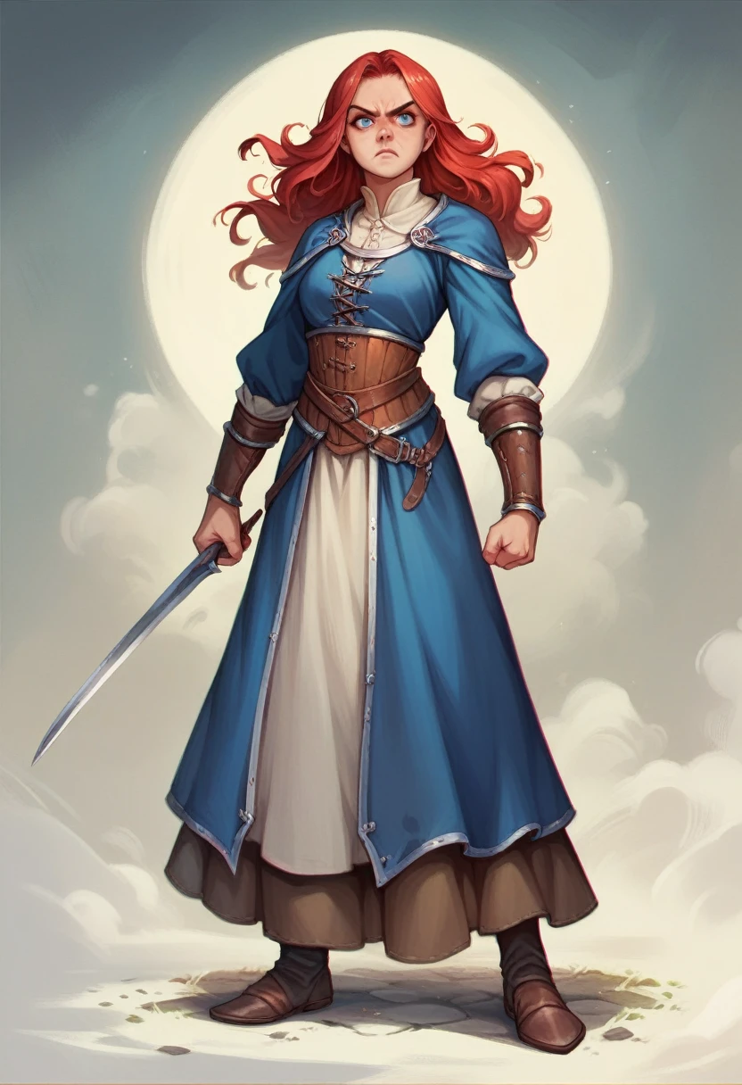 (((masterpiece))), (((expressive face))), (((detailed face))), (((detailed clothing))), (((full body shot))), medieval fantasy, Dungeons & Dragons character, Sorcerer class character, 1girl, long and wild red hair, blue eyes, shining eyes, determined expression,  chromatic aberration