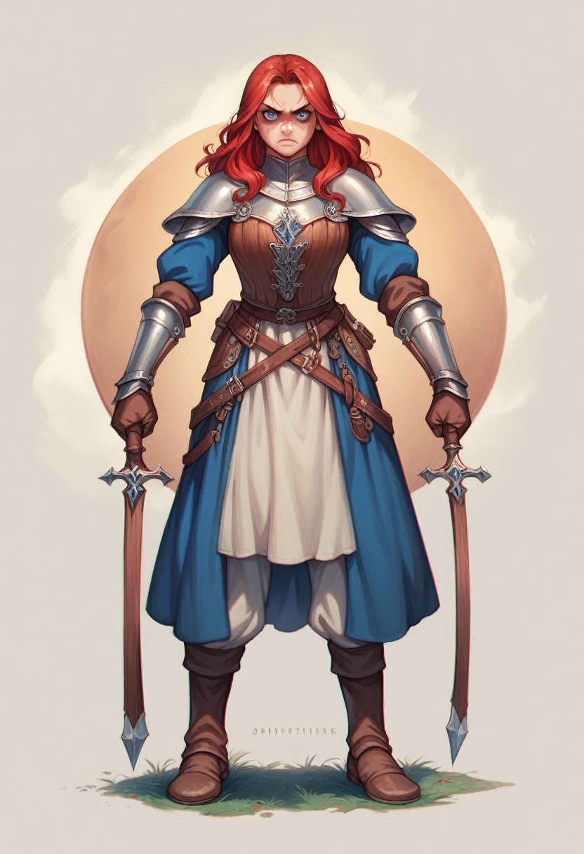 (((masterpiece))), (((expressive face))), (((detailed face))), (((detailed clothing))), (((full body shot))), medieval fantasy, Dungeons & Dragons character, Sorcerer class character, 1girl, long and wild red hair, blue eyes, shining eyes, determined expression,  chromatic aberration