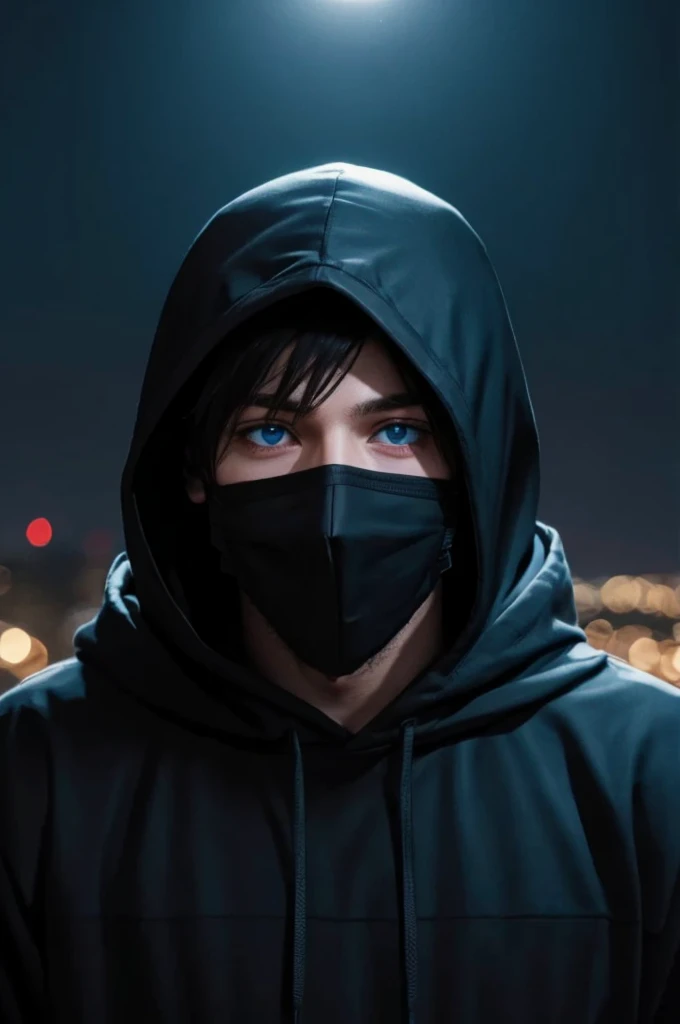 a young man, black hoodie, face mask, blue eyes, night, detailed face, realistic, portrait, cinematic lighting, moody atmosphere, high quality, 8k, realistic, photorealistic, extremely detailed, masterpiece, studio lighting, dramatic lighting, cinematic, hyper-realistic, sharp focus