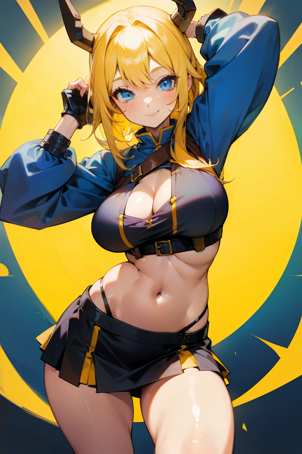 Cute girl, Viking, yellow hair, blue eyes, big breasts, short skirt, exposed stomach, smile