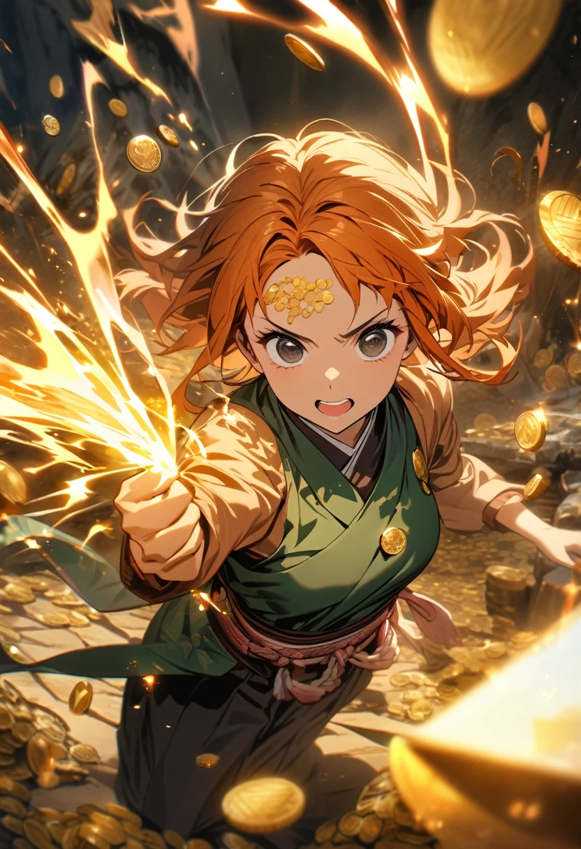 Symetrical,absurdres, highres, ultra detailed, HDR, masterpiece, extremely detailed face and eyes, nami, Kimetsu no yaiba,,orange hair , , solo, women, handsome,Mark on forehead ,, , Epic fight scene,gold lightning effect, glowing glitters, , gold coins effect, treasure aura effect,black eyes, gold coins splashing, surrounded by treasures