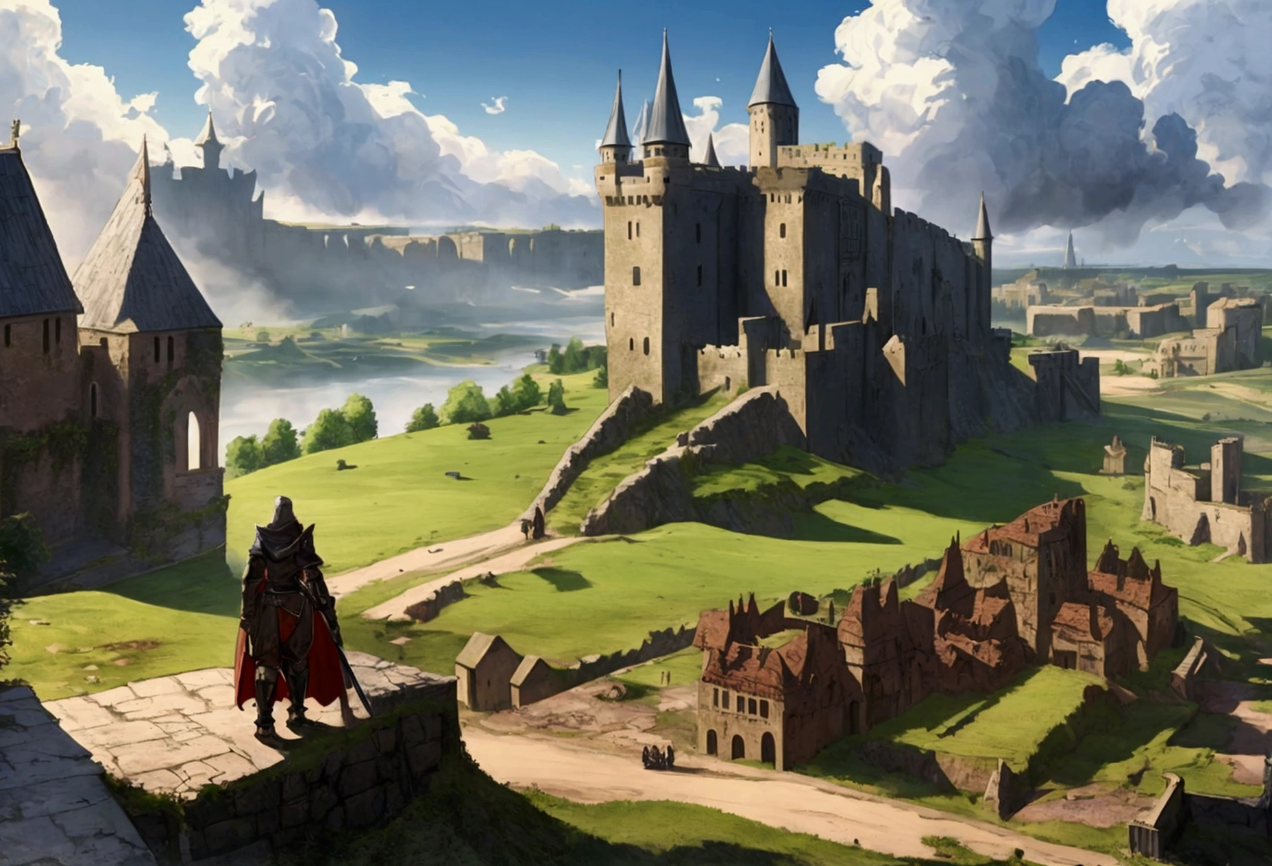 landscape, a medieval landscape, one castle, post-apocalyptic, a black mist is over the land, shining force style.