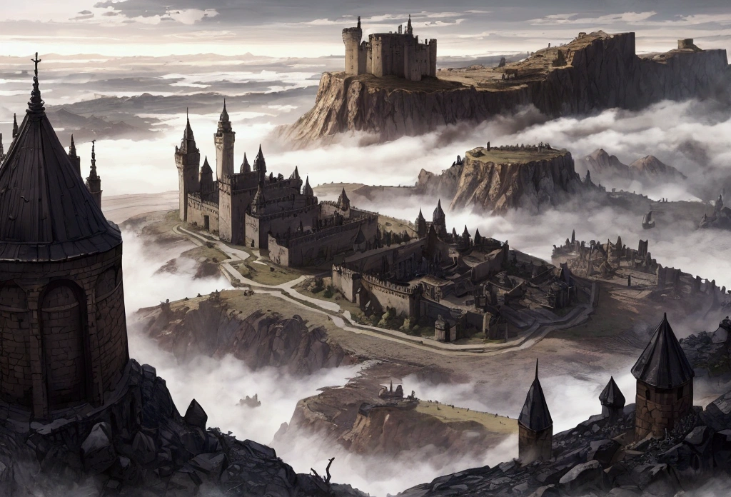 landscape, a medieval landscape, one castle, post-apocalyptic, a black mist is over the land, shining force style.