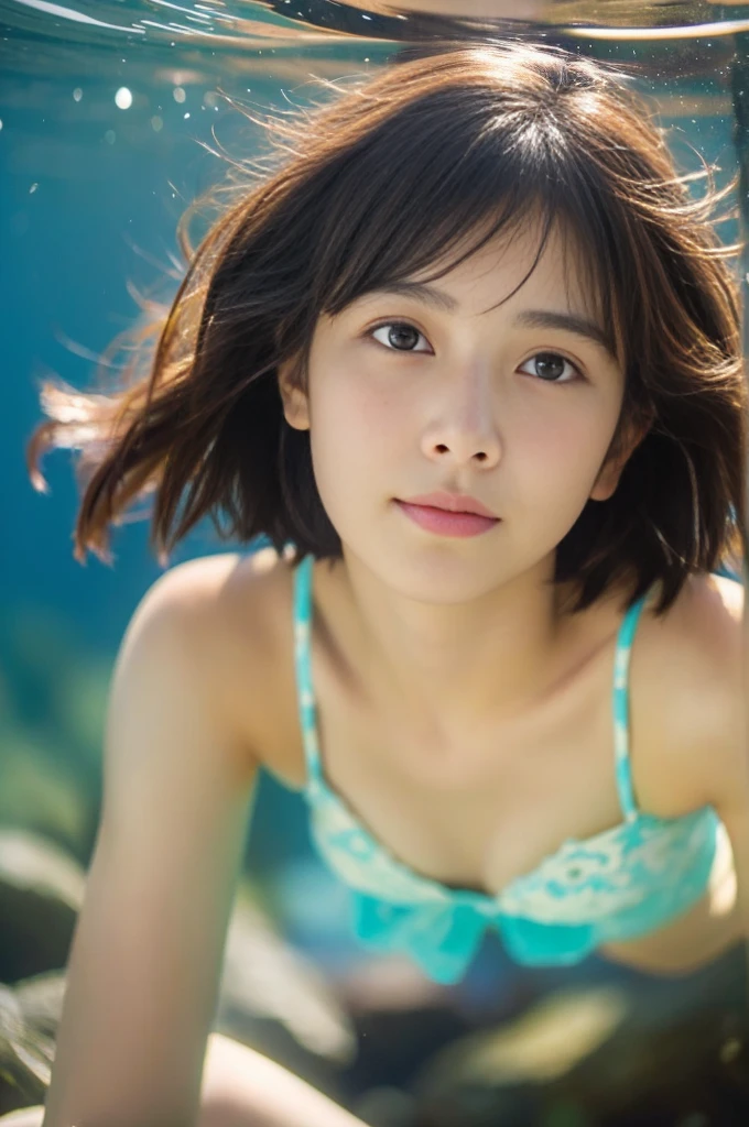  17 year old beautiful girl、Highest image quality、realistic、16K、beautiful woman、Pixie Cut、(RAW Photos, 最high quality), (Realistic, Realistic:1.2),high quality,  1 girl,Delicate face，Underwater，The sun shines on the water，
