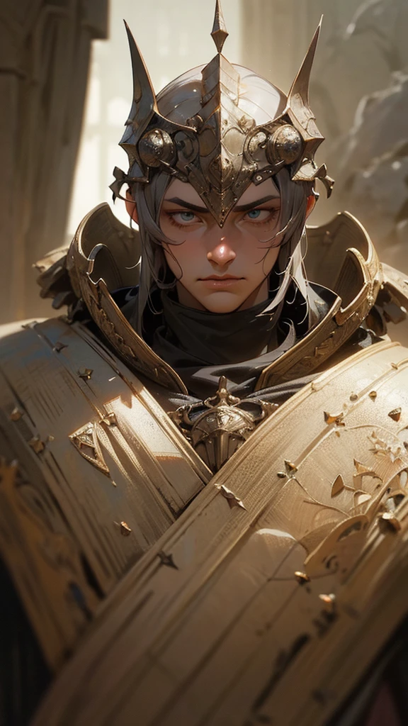a handsome knight wearing armor modeled after ants, sad expression, detailed facial features, beautiful eyes, sharp nose, full lips, detailed clothing, medieval fantasy landscape background, highly detailed, 8k, photorealistic, dramatic lighting, muted color palette, cinematic composition