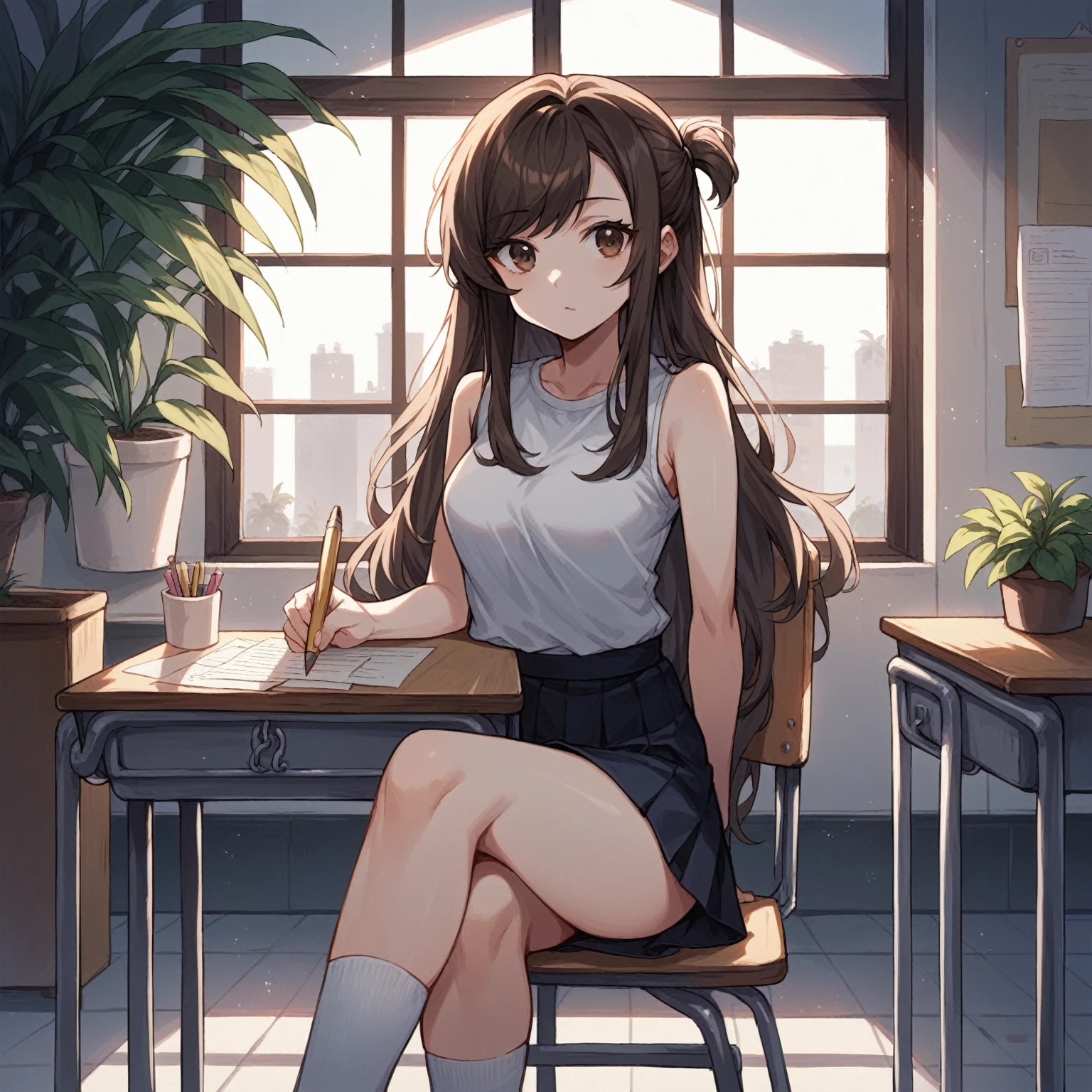 Best quality, masterpiece: 1.3, dusk, very long brown hair swept bangs and brown eyes, sleeveless white shirt, skirt, sneakers, anime, sitting on chair in front of desk, holding pencil, college student taking exam, looking at papers, potted plants, windows, people in background,