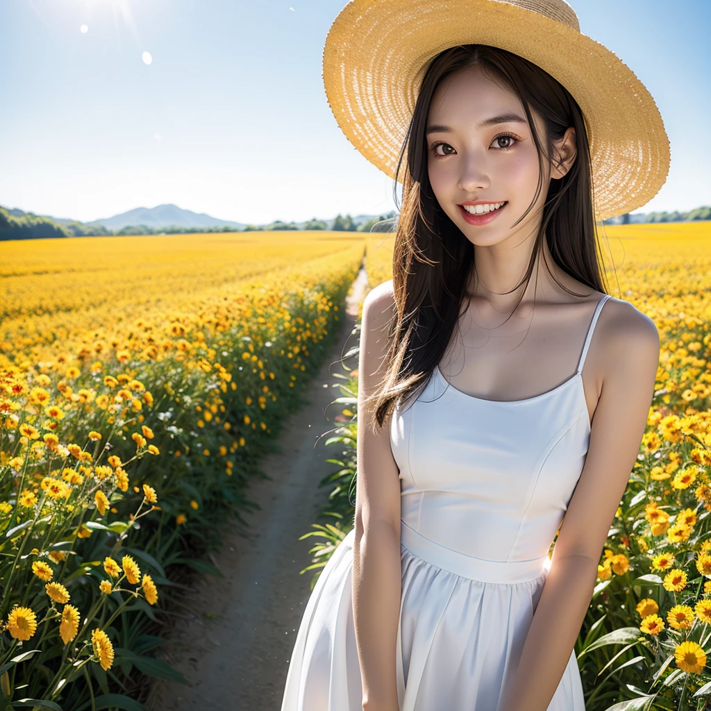 Highest quality,master piece,incredibly absurdres,high resolution,lens flare,a girl, one girl,solo focus,alone,full body,perfect anatomy,8k,a girl, one girl,solo focus,alone,Japanese women,26 years old,clear,Transparent,Clean and fresh,beautiful,White skin,Beautiful eyes,Detailed eyes,smile,teeth,lomg straight hair(brown),Large Breasts,one piece,Straw hat,The background is a flower field,blue sky,White cloud,one girl