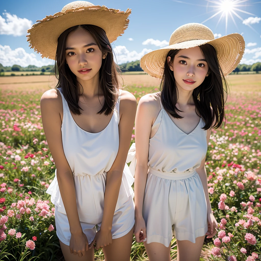 Highest quality,master piece,incredibly absurdres,high resolution,lens flare,a girl, one girl,solo focus,alone,full body,perfect anatomy,8k,a girl, one girl,solo focus,alone,Japanese women,26 years old,clear,Transparent,Clean and fresh,beautiful,White skin,Beautiful eyes,Detailed eyes,smile,teeth,lomg straight hair(brown),Large Breasts,one piece,Straw hat,The background is a flower field,blue sky,White cloud,one girl