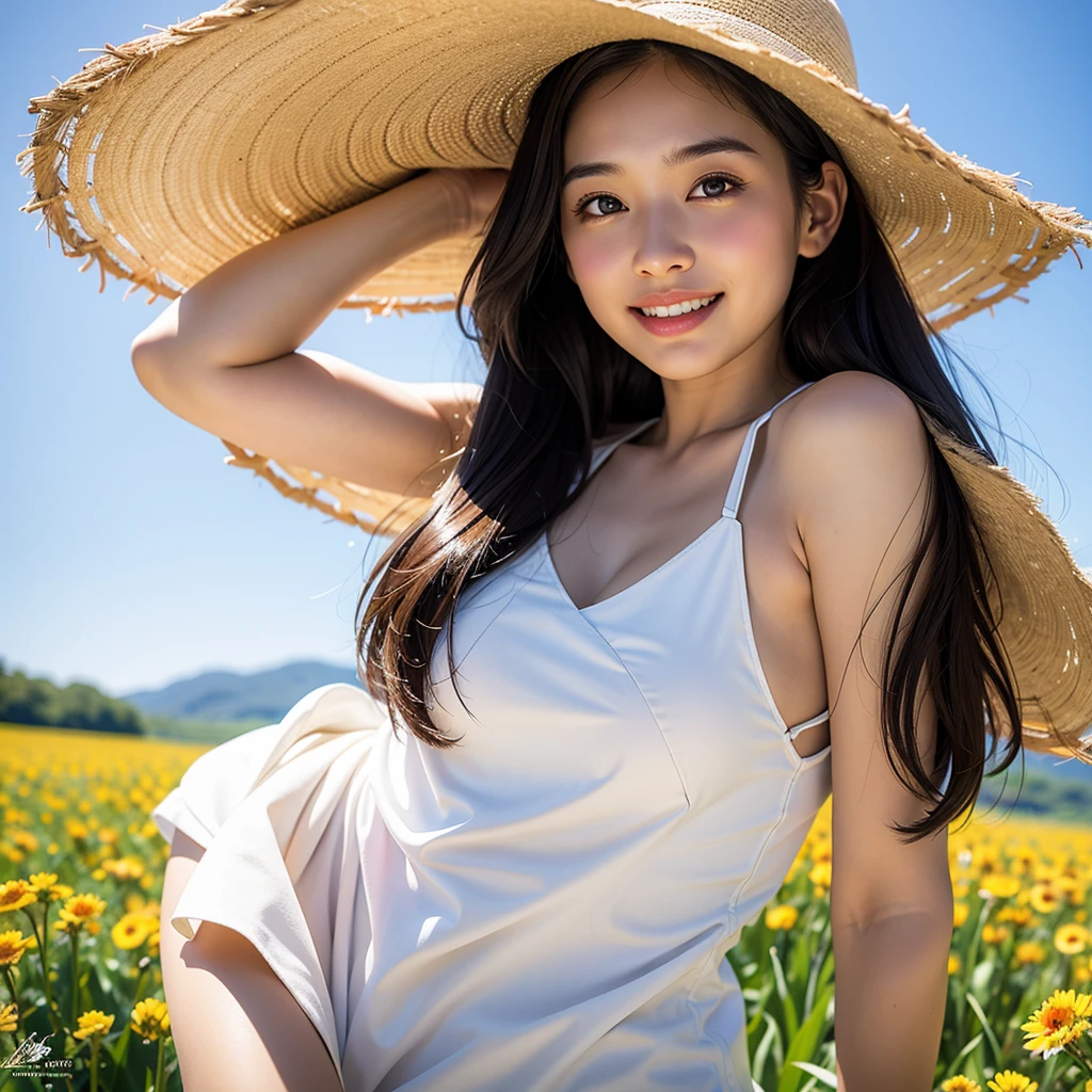 Highest quality,master piece,incredibly absurdres,high resolution,lens flare,a girl, one girl,solo focus,alone,full body,perfect anatomy,8k,a girl, one girl,solo focus,alone,Japanese women,26 years old,clear,Transparent,Clean and fresh,beautiful,White skin,Beautiful eyes,Detailed eyes,smile,teeth,lomg straight hair(brown),Large Breasts,one piece,Straw hat,The background is a flower field,blue sky,White cloud,one girl