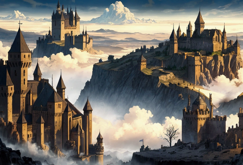 apocalyptic medieval landscape, one castle, a black mist is over the land, shining force style.