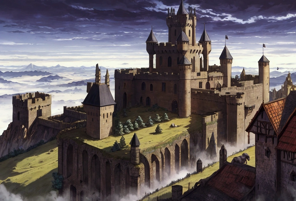 apocalyptic medieval landscape, one castle, a black mist is over the land, shining force style.