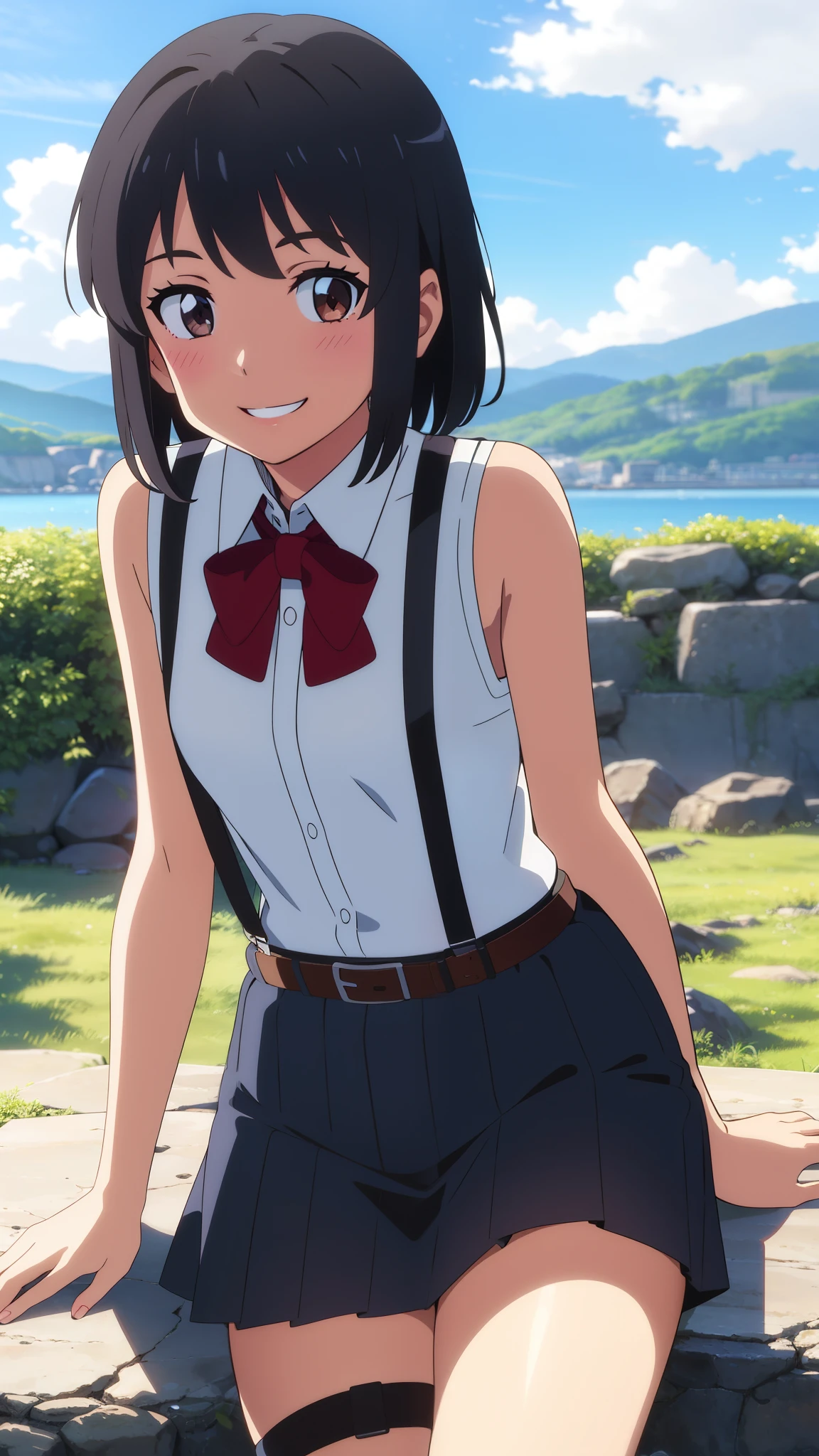 shinkai makoto, kimi no na wa., 1girl, bangs, black hair, blush, brown eyes, perfect face, looking at the viewer, black suspenders, bare shoulders, red headband, red ribbon, garterbelt, garter, sight, mini skirt, belt, short hair, solo, shinny skin, smile, cute, grin, cloudy, blue sky, mountains, rocks, sitting, (masterpiece), best quality