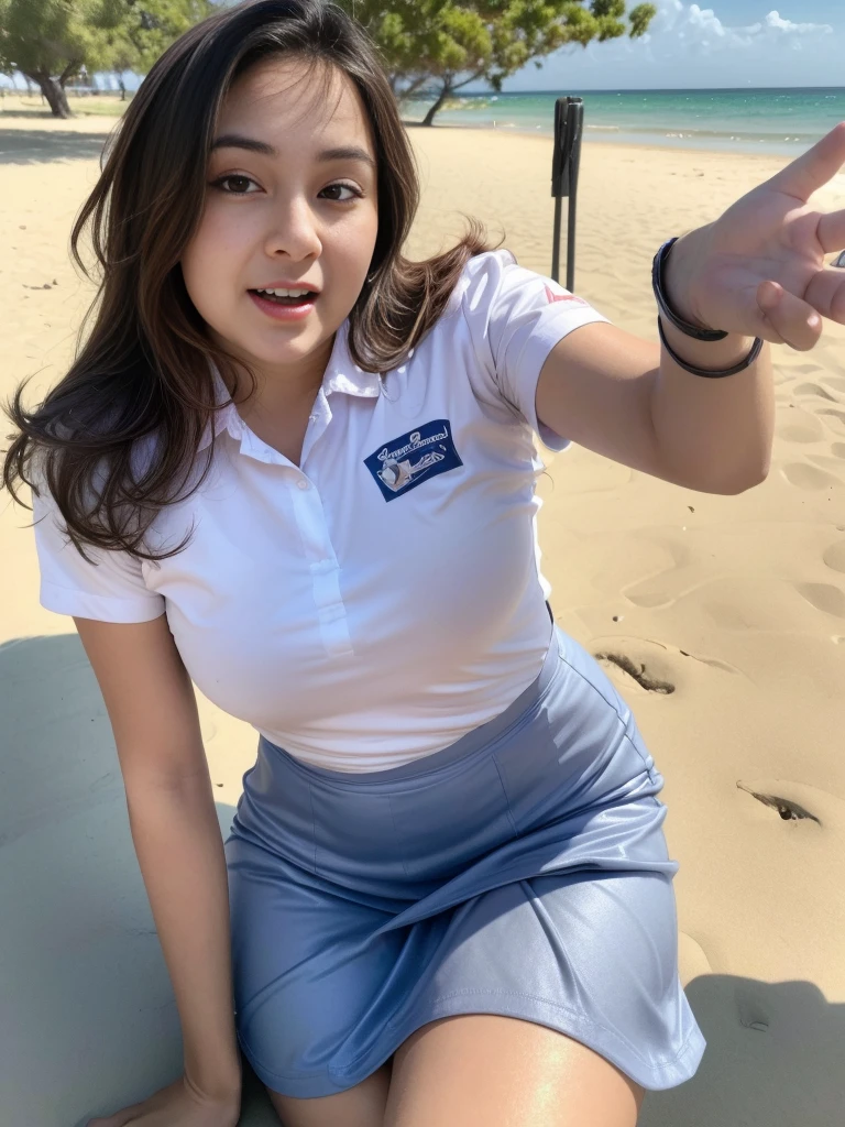 1girl, solo, (uniform), at the beach, detailed beautiful realistic ocean scenery, amazed face expression, thick breasts, smooth skin, tight white shirt, grey blue short skirt, looking at the audience, low angle shot,(8k, RAW photo, best quality, masterpiece: 1.3), (realistic, realistic: 1.37), ultra-high resolution, cowboy 