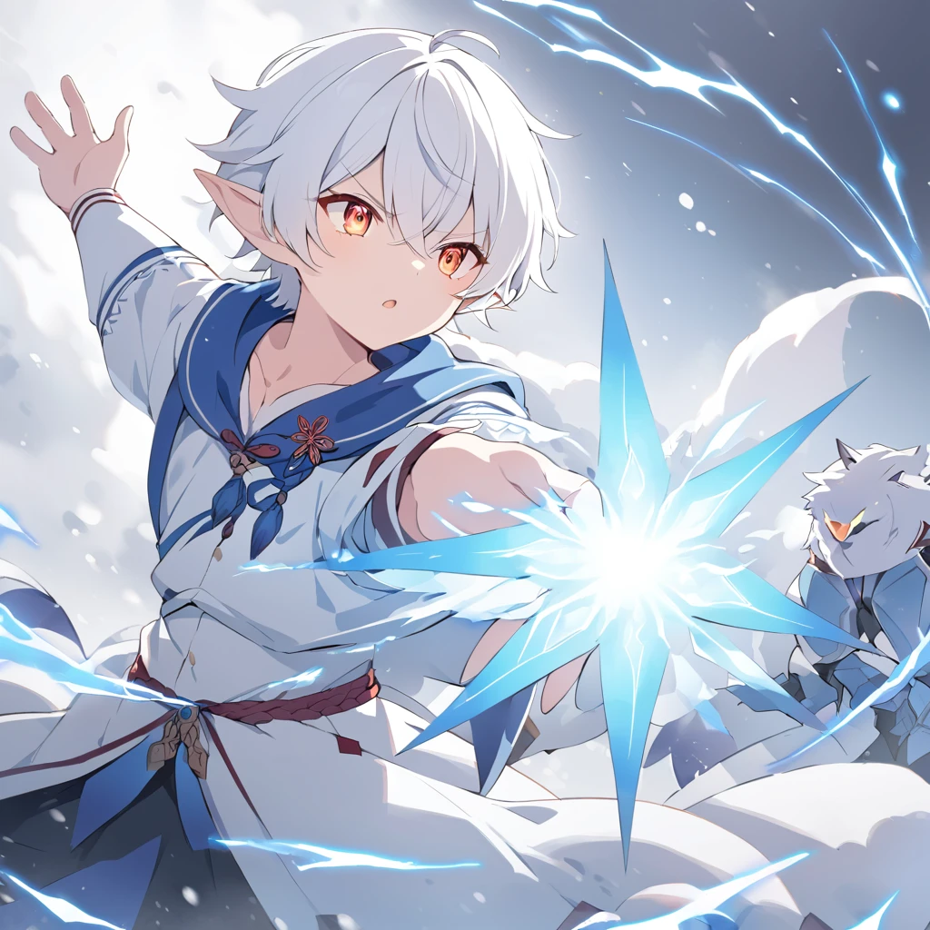 elf boy, short white hair, red detailed eyes, using magic, Challenging pose, fluffly, bonitas, rosto gentil, shotacon, Blizzard Background, Hand Raised with Blue Magic Around It, shining eyes.