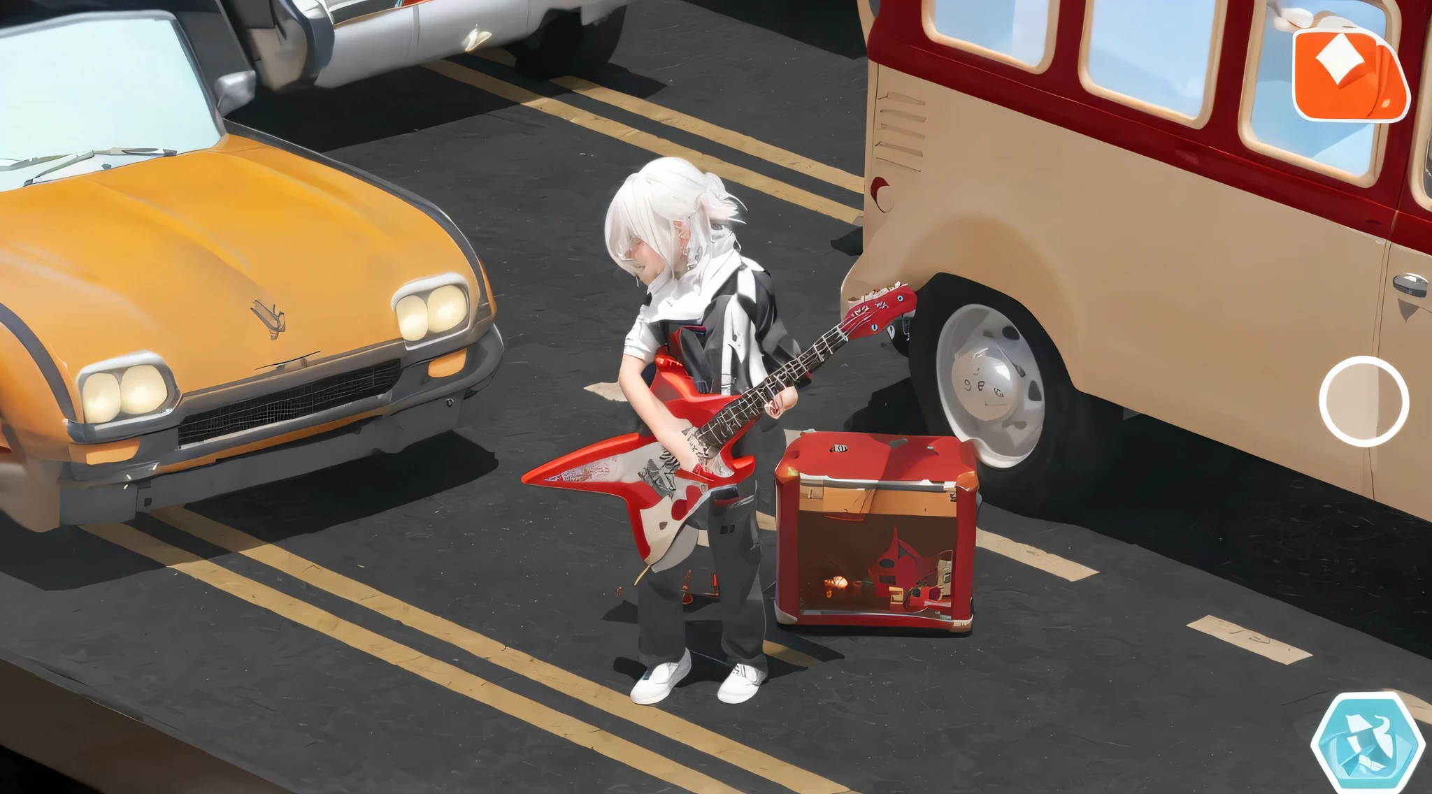 Smiling boy, holding a red guitar, white hair, white suit, black pants
