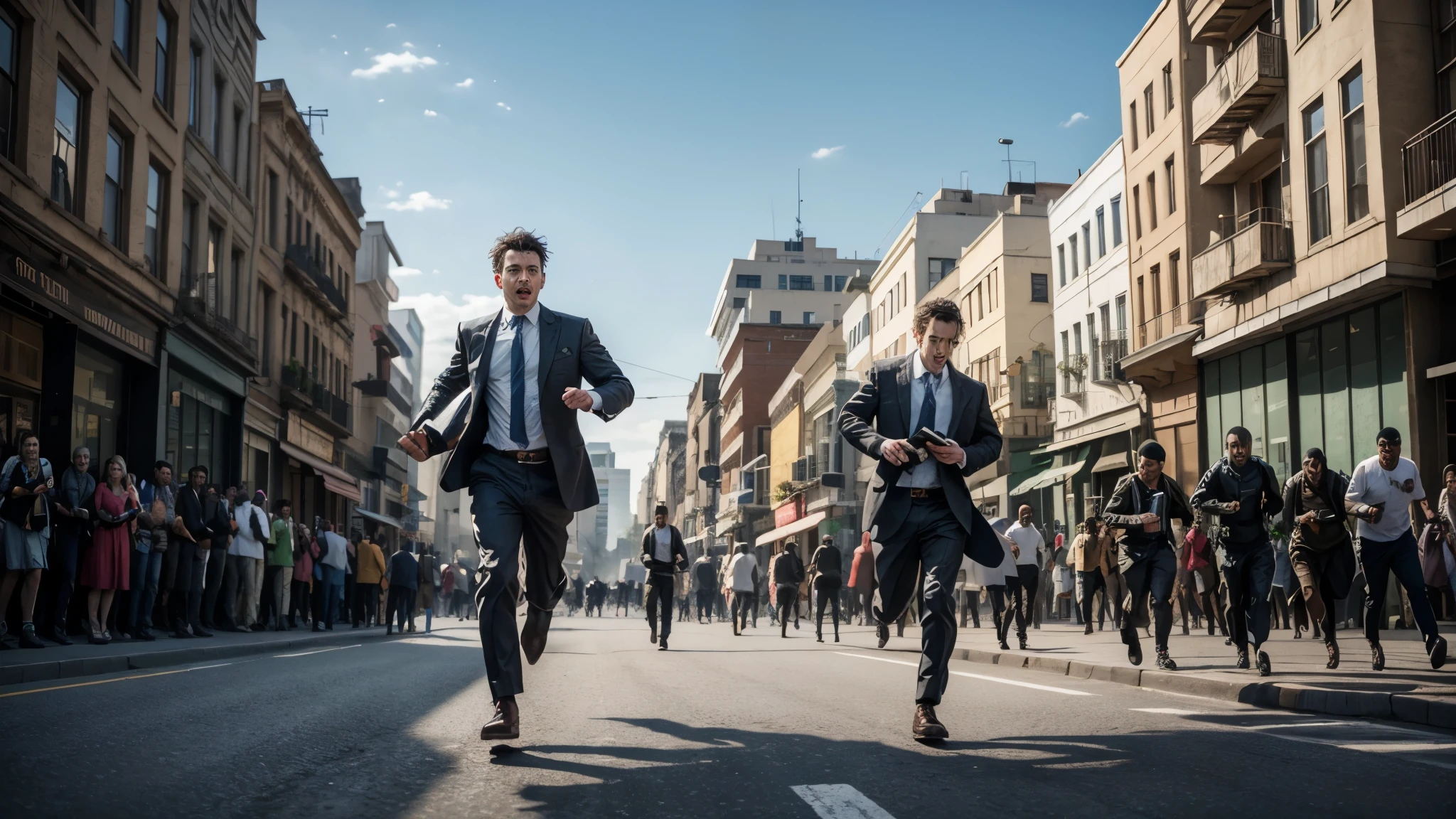 Create a detailed, biblical image of a Christian man with a Bible in his hand being chased down a city street