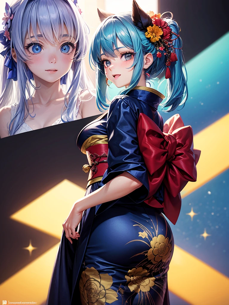 A young woman with light blue hair, star-shaped hair clip. Her hair is long and straight, with playful, expressive strands that add movement and dynamism to the piece. Her eyes are wide and sparkling, with heart-shaped pupils that reflect the joy and excitement of her birthday. The blush on her cheeks is a soft pink, revealing her happiness and slight embarrassment at being the center of attention. She's holding a colorful birthday cake, her excitement almost palpable. The artwork should be modern, adhering to a high-quality Anime style, kimono, from behind, from below, from the side. The piece should be in Ultra High Definition, with a resolution of 8K, making it a true masterpiece. Pay attention to anatomical correctness, ensuring that the character's pose and proportions are accurate and believable. The skin should be textured, with high details that give a sense of realism to the Anime style. The final artwork should be of the best quality and extremely high-resolution, making every detail stand out.