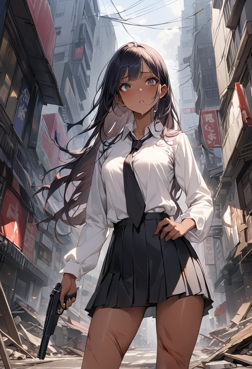 (Woman and monster fight scene),((masterpiece,Highest quality:1.3,best quality illustration)),realistic,cowboy shot,1woman,(22 year old beauty),((very small head:1.4)),ideal ratio body proportions,dark blue hair,straight long hair,bangs,black eyes,gorgeous big eyes,Heavy breathing、((tan skin,skinny,Injury:1.3)),(Torn clothing、Black tie、White collared shirt、Long sleeve、Black pleated mini skirt)),medium breasts,gleaming skin,slender body,sweat:1.3,(Holding a detailed handgun),on street,(Multiple Monsters)、Collapsed Buildings、Tokyo、