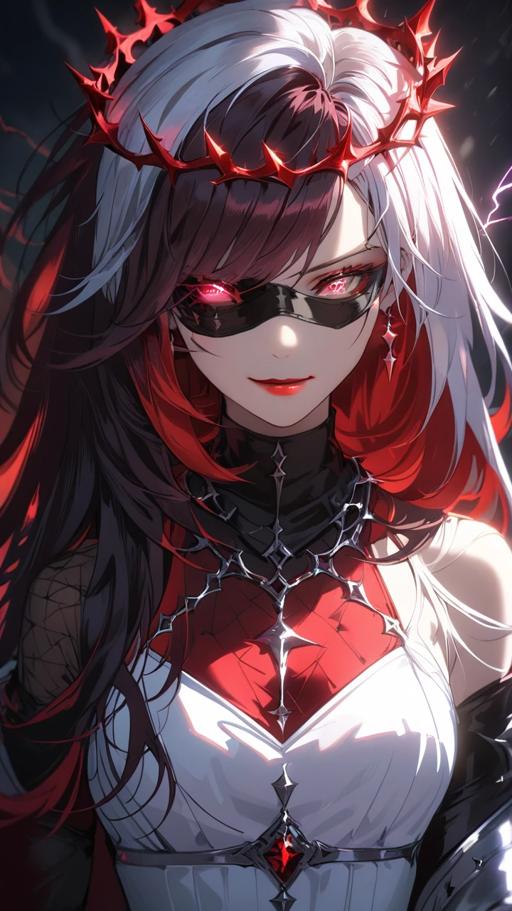1girl, fabric blindfold, split-color hair:1.3, long hair, red lips, evil smile, white dress, see-through sleeve, crown of thorns , dramatic lighting, soft shadow, masterpiece, best quality, safe, SFW, very aesthetic, recent, absurdres, highres, lightning, glowing,