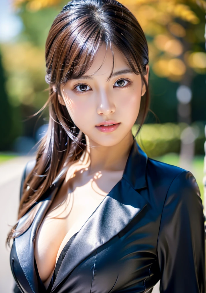 Shiny silver leather blazer suit、Sheen sheer shirt、Cleavage、(Large Breasts:1.4)、Japanese、Gravure idol、Cute 18 year old girl,Long straight black hair, masterpiece, 最high quality, 超high quality, high quality, High resolution, 超High resolution, Absurd, 4K, 8k, 16K, Very detailed, Realistic, photo Realistic, RAWphotograph, photograph, Super Fine Illustration,Beautiful Face、Realistic Face、(Ultra detailed hair)、(Ultra-detailed eyes)、Beautiful details、Realistic Skin、Perfect Anatomy、(Detailed skin)、Beautiful Skin、Charm、Ultra high definition、Ultra-realistic、Correct Anatomy, Perfect proportions