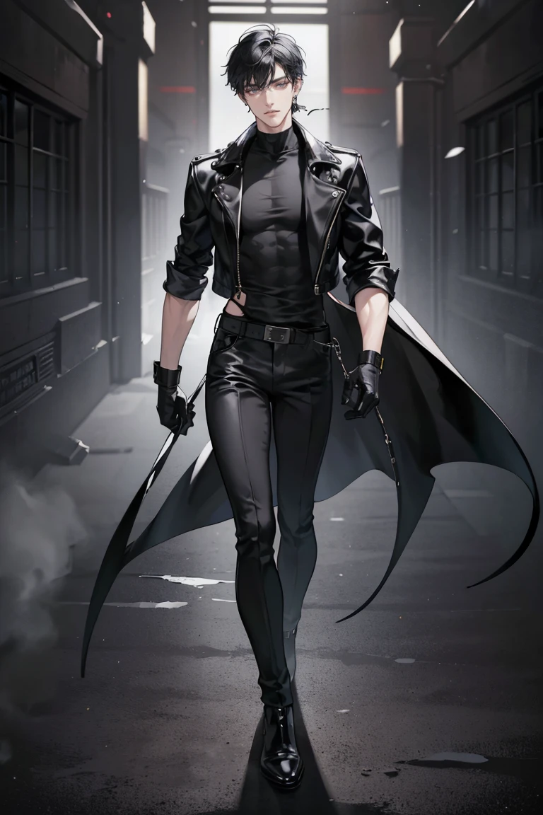 (masterpiece), best quality, seductive eyes, perfect face, handsome man, dark black eyes, short messy black hair, long nose, black t-shirt, black leather jacket, long black pants, black gloves, full body, extremely tall man, long legs, long calves, anime cover, 1boy, ear piercings, adult-like look, standing, bad boy
