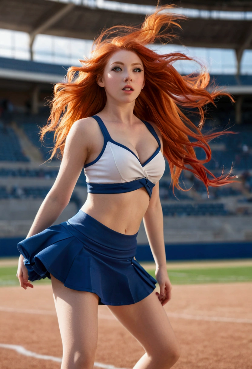 ultra realistic, photography, long red hair, girl, 24 years old, hourglass figure, perfect body, Flirty look, extremely detailed artgerm, in the style artgerm, small breasts, facing the camera, lens 35 mm, blur background, in a stadium, wearing a cheerleader outfit, windy, skirt gets blown up from below, wind under skirt, strong wind, skirt blows up with a strong wind, wind blows up skirt, she is walking towards the camera, her hips are swinging