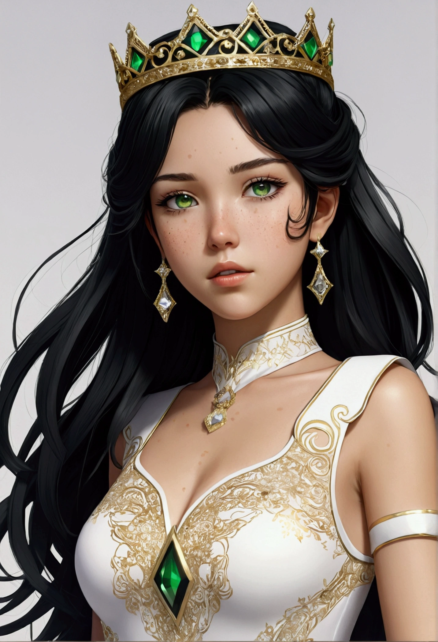 anime girl with medium length black hair, greeneyes, and light skin. she has freckles . She wears a white tiara-shaped crown. A black and gold bodysuit with magical style details in its design, with hexagonal patterns