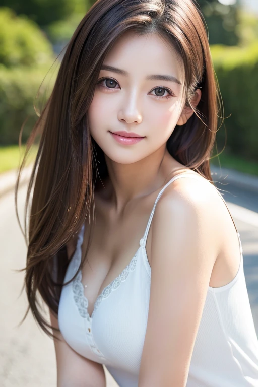  photo realistic,finely detail, hight resolution, hightquality、Perfect dynamic composition, Beautiful detailed eyes, Medium Hair, 、Natural Color Lip,Shibuya、25 years girl、1 persons、Transparent skin、Glowing hair、masutepiece, Best Quality,  looking at viewer, smile,Ultra-detailed, finely detail, hight resolution, 8K、The correct state of the human body、crouching down、Gravure Model Pose，Hair soaring in the wind