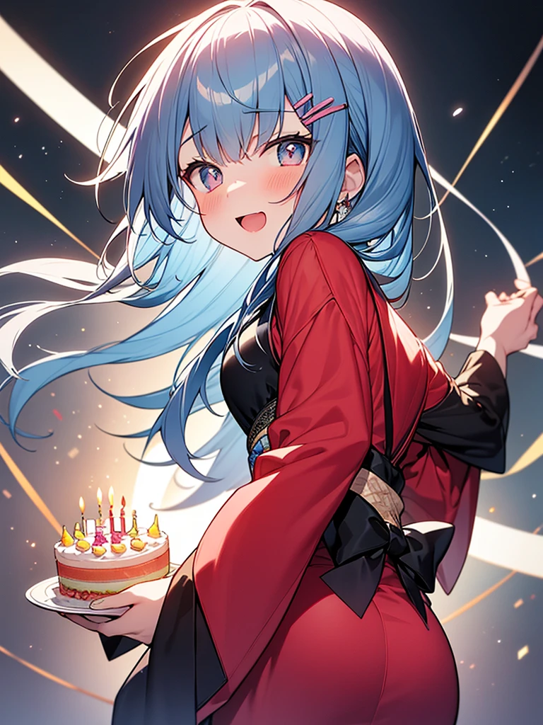 A young woman with light blue hair, star-shaped hair clip. Her hair is long and straight, with playful, expressive strands that add movement and dynamism to the piece. Her eyes are wide and sparkling, with heart-shaped pupils that reflect the joy and excitement of her birthday. The blush on her cheeks is a soft pink, revealing her happiness and slight embarrassment at being the center of attention. She's holding a colorful birthday cake, her excitement almost palpable. The artwork should be modern, adhering to a high-quality Anime style, kimono, from behind, from below, from the side. The piece should be in Ultra High Definition, with a resolution of 8K, making it a true masterpiece. Pay attention to anatomical correctness, ensuring that the character's pose and proportions are accurate and believable. The skin should be textured, with high details that give a sense of realism to the Anime style. The final artwork should be of the best quality and extremely high-resolution, making every detail stand out.
