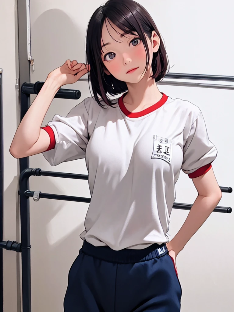 masterpiece, best quality, highres,30-year-old,Sexy pose,Unusually beautiful and large eyes,A well-balanced and toned body,hanazawakana,(buruma:1.5),blue buruma,gym uniform,simple background,standing, cowboy shot,hand101,