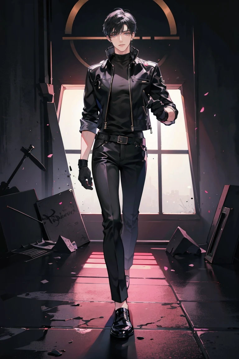 (masterpiece), best quality, seductive eyes, perfect face, handsome man, dark black eyes, short messy black hair, long nose, black t-shirt, black leather jacket, long black pants, black gloves, full body, extremely tall man, long legs, long calves, anime cover, 1boy, ear piercings, adult-like look, standing, bad boy, motorcycle