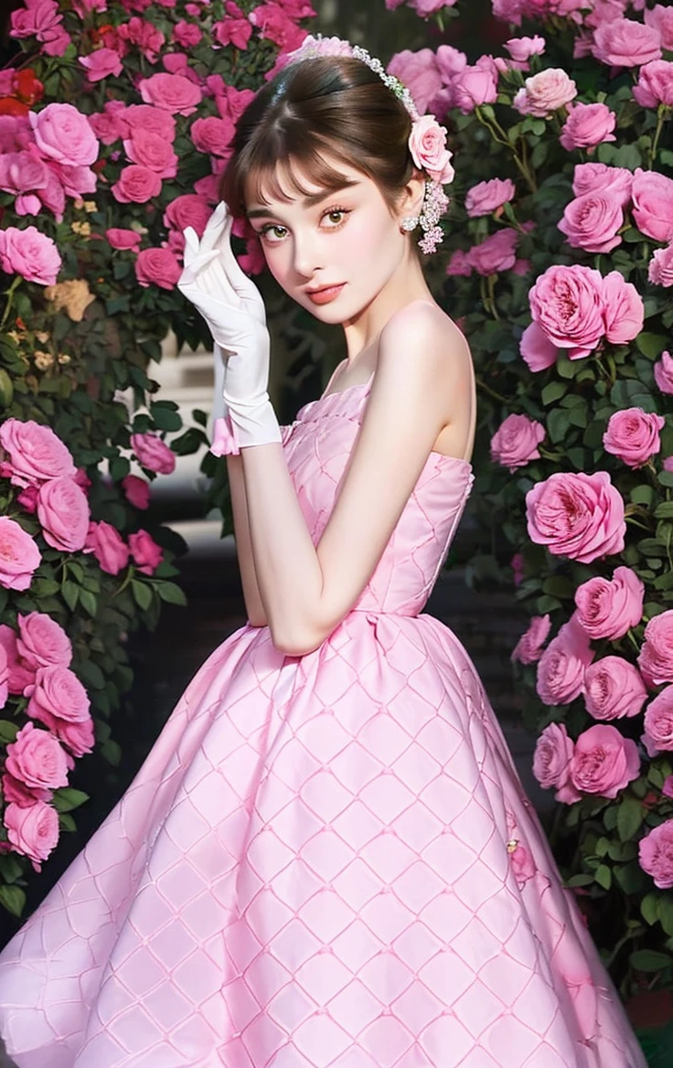 Wearing a pink dress、Arafad woman wearing gloves posing in front of flowers, Wearing a pink dress, beautiful Audrey Hepburn, prima ballerina in rose garden, gorgeous female Audrey Hepburn, Wearing pink ball gown, Christian Dior style, Audrey Hepburn, Photography by Steven Meisel, Wearing a pink dress, looks like Audrey Hepburn